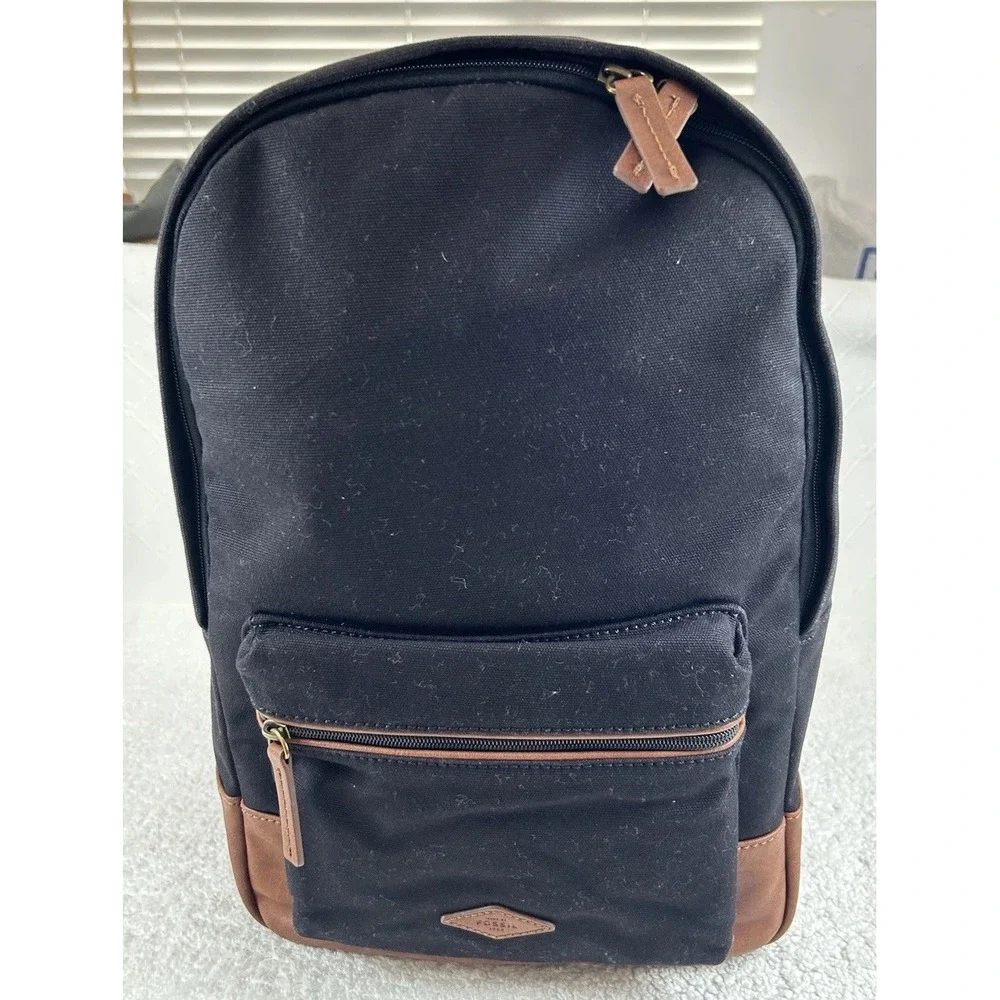 NEW Fossil Black Canvas Backpack w/Brown Trim Adjustable Straps New Old Stock